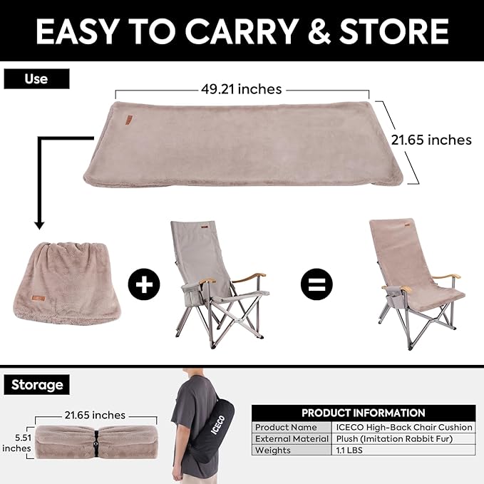 ICECO Plush Cushion High Back Chair Cushion Portable with Storage Bag Fits ICECO Hi1600 High Back Camping Chair 10-Year Warranty