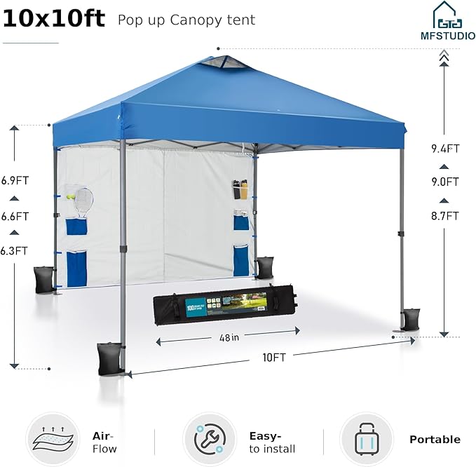 MFSTUDIO 10x10 Pop up Canopy Tent Gazebo Shelter Sun Shade Canopies One Push Setup Portable Popup Tents with Vented Top1 Storage Sidewall4 Sandbagsfor BeachPartiesCamping