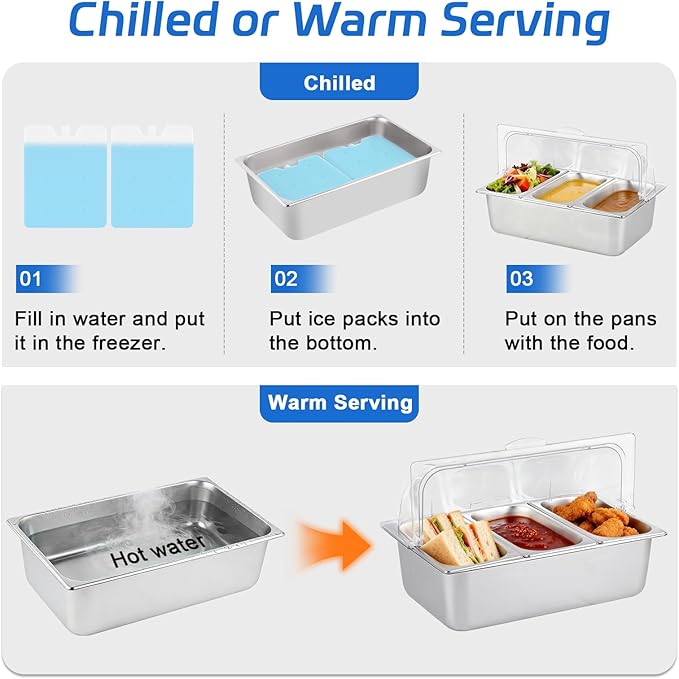 Cold Food Buffet Server 3 Pans×4QT with Ice Packs for Salad Pizza Sauce Colded Serving Trays Condiments Containers for Parties Buffet