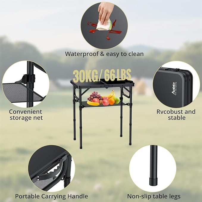 Anbte 2ft Folding Camping Table with Storage Net 3 Adjustable Heights Small Folding Table Lightweight &amp Portable with Carry Handle for Camping Fishing Picnic Beach Outdoor 22.8 x 15.7 Bl