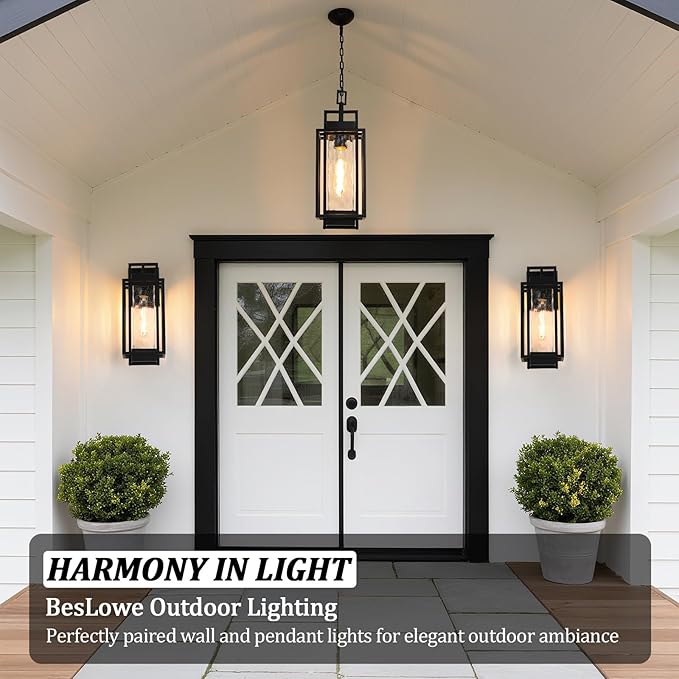 BesLowe 15” Outdoor Pendant Light with LED Bulb Modern Hanging Lantern Light for Outside with Water Ripple Glass Black Exterior Pendant Lighting Fixture Outdoor Chandelier for Front Porch Gazebo