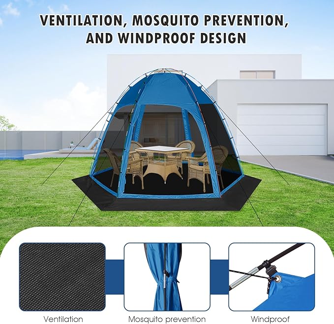 Screen Tent with Removable Floor Siebwin 11.8'x11.8' Six-Sided Gazebos with Mosquito Netting Sunproof Outdoor Canopy Tent for 6-8 People Family Backyard Party Outside Activities Blue