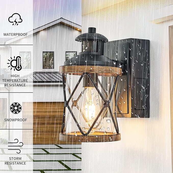 Dusk to Dawn Motion Sensor Outdoor Porch Light with GFCI Outlet3 Lighting Modes Anti-Rust Waterproof Industrial Outdoor LanternExterior Work lights Rustic Wood-Like Finish Wall Light (Brown 1 Pack)