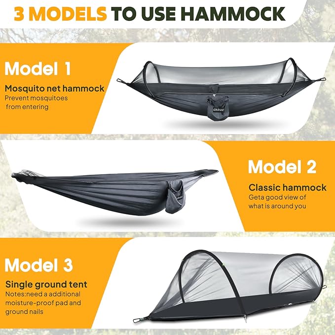 Chihee Ultra-Light Travel Camping Hammock Pop-up Net Hammock 660lbs Load CapacityBreathableQuick-Drying Parachute Nylon 2 Premium Carabiners2 Tree Slings Included for Outdoor Backpacking Hiking
