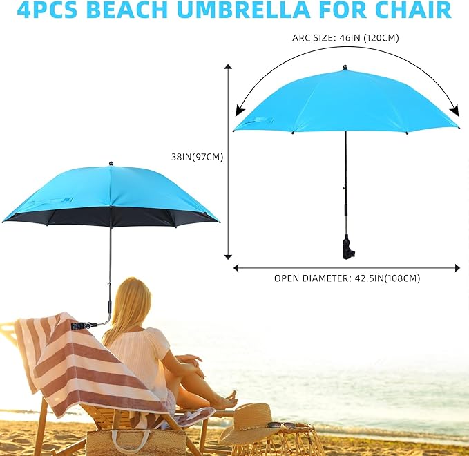 Hosuly 4 Pcs 46 Chair Umbrella with Universal Adjustable Clamp Sun Protection Portable Outdoor Umbrella for Camping Chair Patio Golf Carts Not Include Chair
