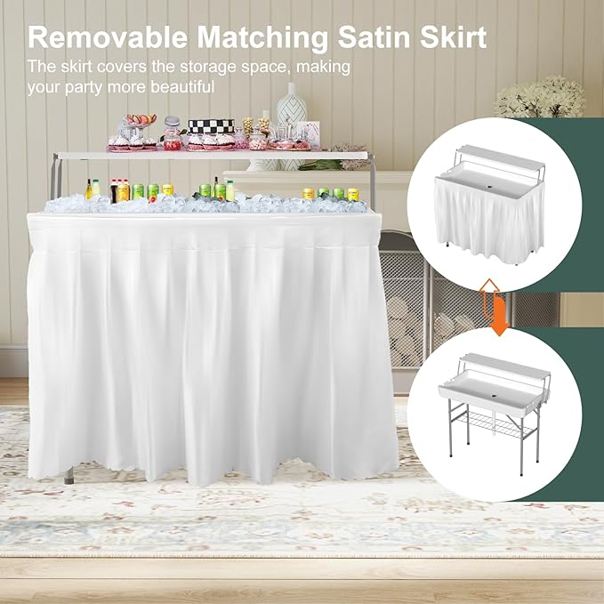 Ice Cooler Table with Drain Two-Tier Plastic Folding Tables with Removable Matching Skirt and Shelf Indoor Outdoor Use for Party Camping Picnic Fishing Cleaning 440 lbs Capacity