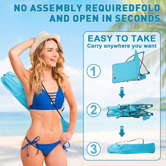 2 Pack Low Beach ChairFolding Recliner Camping Chair for AdultsLightweight Backpacking Low Seat Camping Chairs with Cup HolderCarry Bag for Outdoor Camp Lawn Picnic FestivalBlue