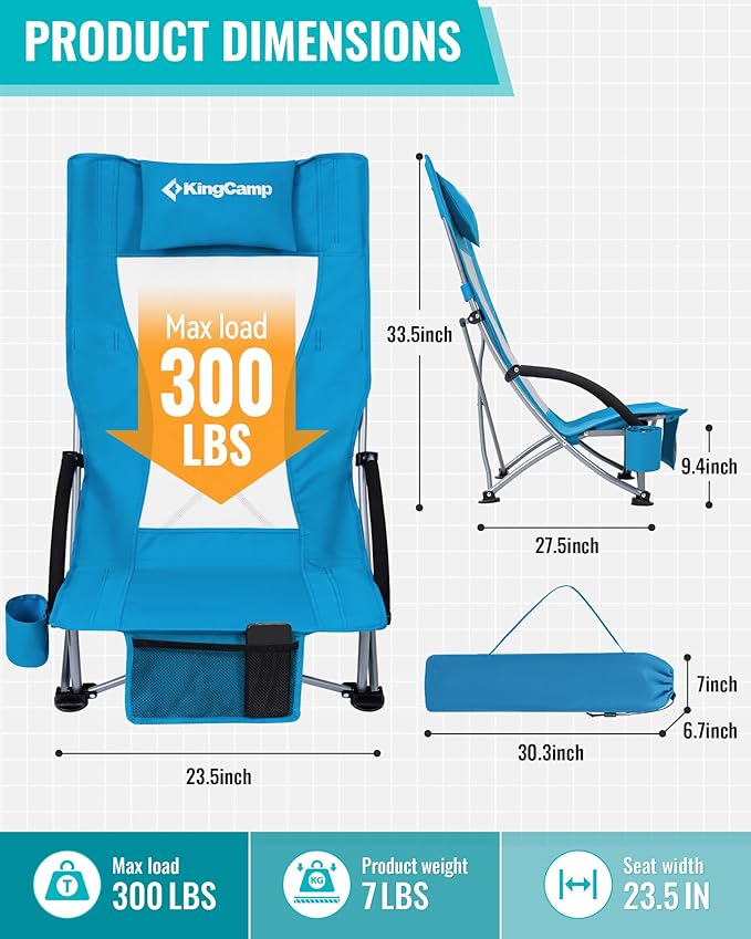 KingCamp Low Beach Chair High Back Folding Camping Chair for Adults Oversized Breathable Mesh Seat 300lbs Heavy Duty Portable Chair with Cup Holder &amp Storage Pockets for Beach Outdoor