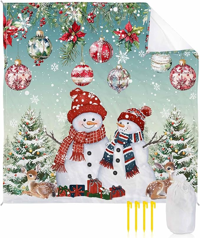 Beach Blanket Waterproof Sandproof OversizedSnowman Deer Christmas Tree Poinsettia Beach Mat with Corner Stakes Sand PocketsXmas Ornaments Berry Leaf Picnic Mat for Travel Camping Hiking118x108In