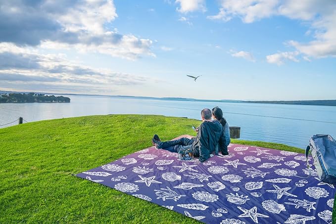 WEKAPO Beach Blanket Waterproof Sandproof &amp Sand-Free Beach Mat with Stakes &amp Built-in Storage Bag – Oversized Extra Large Perfect for Outdoor (Deep Blue Sea Shells 8 X 7 FT (1~4 Person))