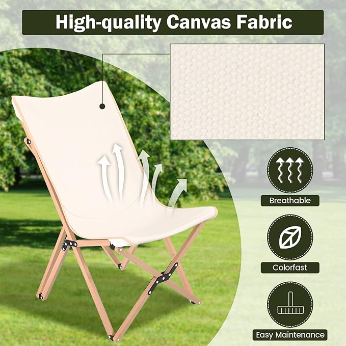 Giantex Camping Chairs 2 Pack Folding Beach Chairs for 330lbs Outdoor Butterfly Chair Portable Lawn Chairs for Picnic Fishing Hiking Mountaineering Lightweight Bamboo Frame No Assembly (Beige)