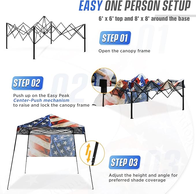 EAGLE PEAK 8x8 Pop Up Canopy Tent with Sidewall Compact Portable Slant Leg Instant Sun Shelter for Beach Sports &amp Camping 8x8 Base 6x6 Top Stars and Stripes