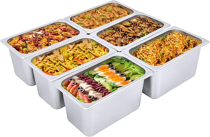6 Pack 1/4 Size Stainless Steel Steam Hotel Pan 10.4x6.3x6in Steam Table Pan Food Service Pan for Party Kitchen Restaurant Hotel