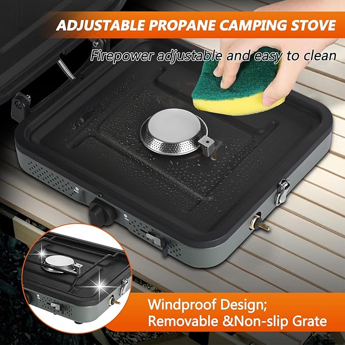 2 Burner Propane Camping Stove with Grill and Carrying Bag Portable Folding Camp Stove with 17000 BTU Adjustable Burners for Backpacking Picnics Outdoor Cooking