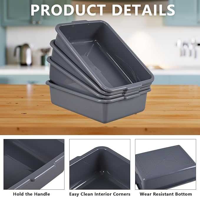 4-Pack Plastic Bus Bin Tubs Boxes 15 L Restaurant Dish Tub Gray