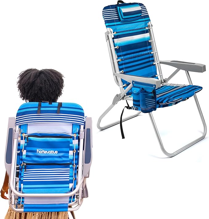 Homevative Backpack Fold-Up Beach Chair 5 Positions Towel bar Cooler Storage Pouch Cup Holder and Phone Pocket