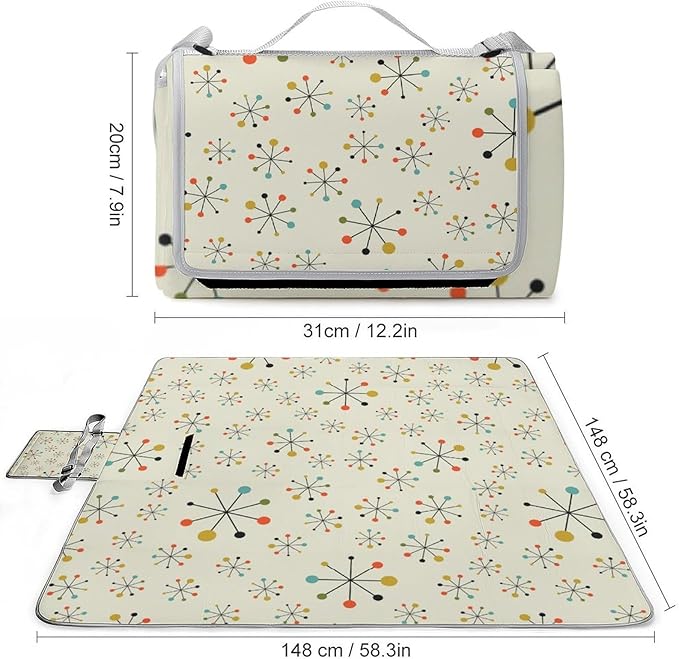 Modern Atomic Stars Retro Colors Stock Illustration Waterproof Outdoor Picnic Blanket Sandproof Beach Mat for Camping Hiking Grass Travelling
