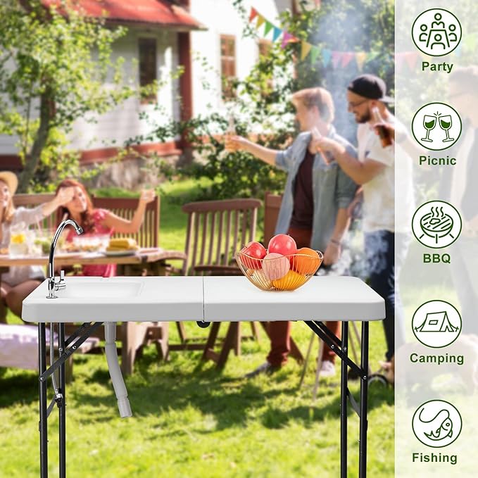 VINGLI Fold in Half Folding Fish Cleaning Table with Sink Bi-Folding Outdoor Portable Camping Game Sink TableFish Fillet Cutting Table with Drainage Hose for Patio Backyard BBQ