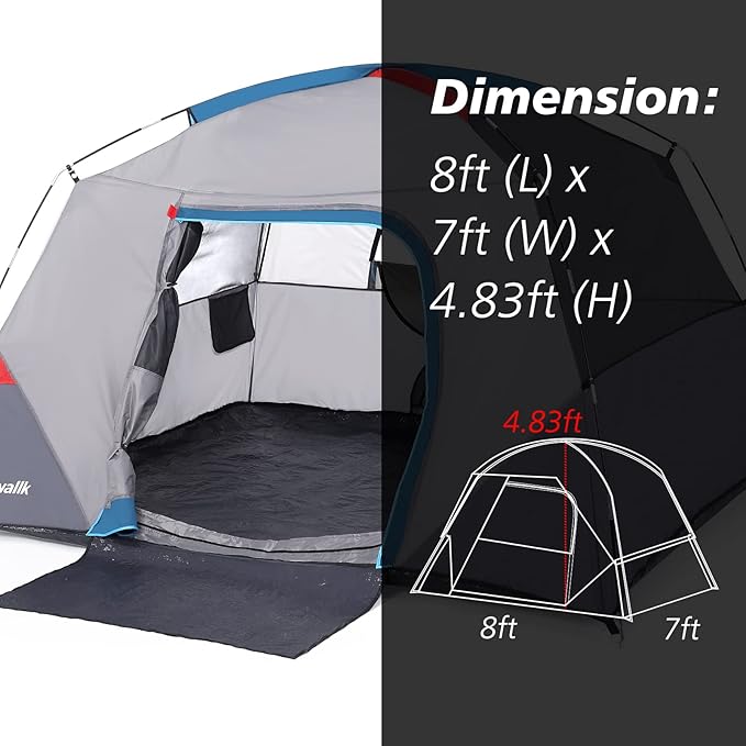 Camping Tent 4 Person Dome Tents Easy Set Up Waterproof Tent with Carry Bag Mesh Door Portable Family Tent with Rainfly for for Traveling and Family Hiking Blue