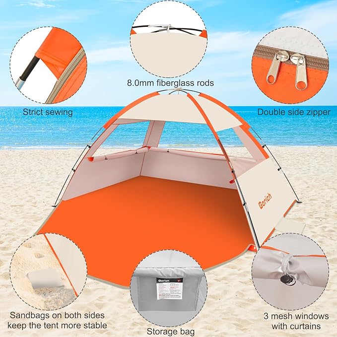 Gorich Beach Tent Sun Shelter for 3/4/6/8/10 Person with UPF 50＋ UV Protection Lightweight &amp Easy Setup Beach Shade Canopy Portable Beach Shade Tent Beach Cabana
