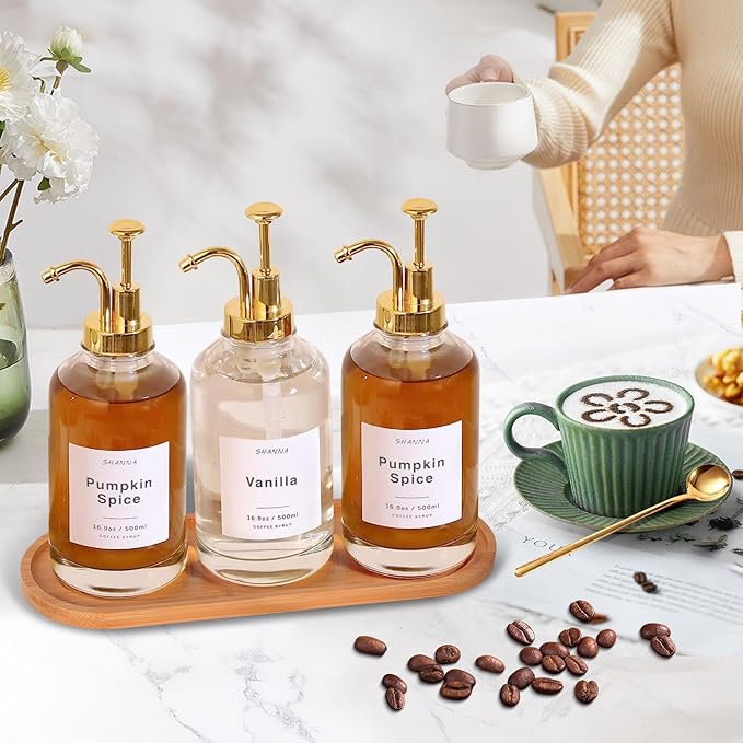 Coffee Syrup Dispenser for Coffee Bar 16.9oz 500ml Glass Syrup Dispenser w Golden Coffee Scoop Coffee Syrup Pump Dispenser w 36 Labels and Bamboo Tray Coffee Syrup Bottles with Golden Pump 3PCS