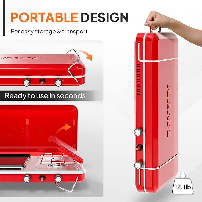 ROVSUN 2-in-1 Portable Camping Stove &amp Propane Grill with Enamel Griddle &amp Piezo Igniter Tabletop Camp Stove with Built-in Handle Wind Panel &amp Regulator for Camping Tailgating Grilling