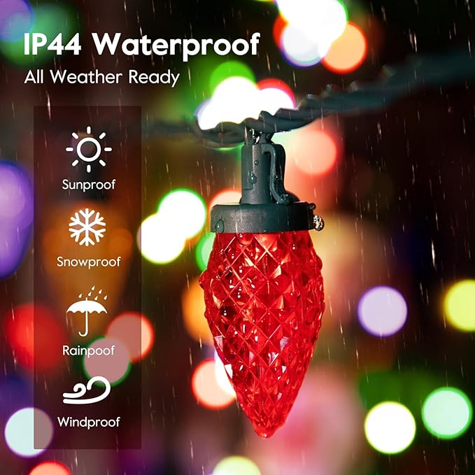Brightown C9 LED Christmas String Lights 66ft 100 LED Waterproof Strawberry String Lights Plug-in Extendable Green Wire Lights String for Outdoor Outside Patio Party Decoration Red and Warm White