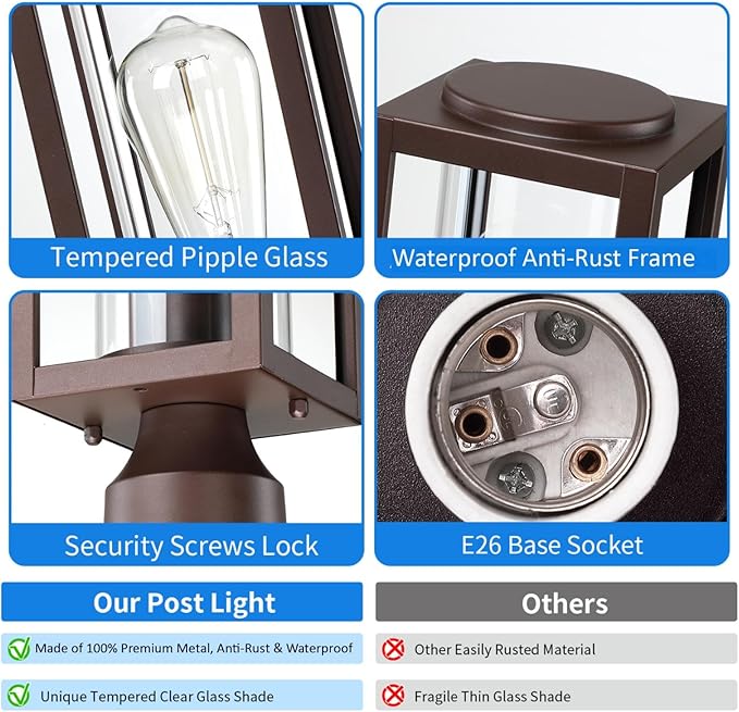 Outdoor Post Lights Lamp Post Light Fixture 2 Pack Modern Brown Exterior Post Lantern Fixture with Tempered Glass Anti-Rust Light Posts for Outside for Driveway Patio Garden