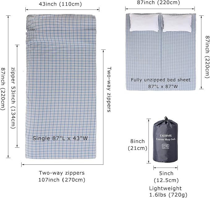 100% Cotton Sleeping Bag Liner with Full Length Zipper on 3 Sides Single/Double Adult Sleep Sack for Travel &amp Camping Multifunctional Travel Sheets (Unzipped 87”x87”) for Hotel Lightweight