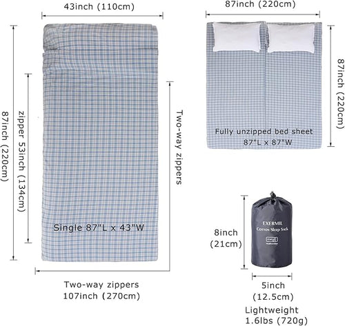 100% Cotton Sleeping Bag Liner with Full Length Zipper on 3 Sides Single/Double Adult Sleep Sack for Travel &amp Camping Multifunctional Travel Sheets (Unzipped 87”x87”) for Hotel Lightweight
