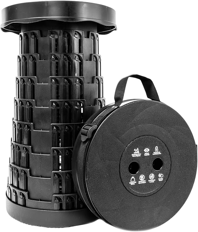 ASR Outdoor Portable Telescoping Collapsible Stool with Carry Handle Outdoor Camping Gear Black (17.75 Inch Fully Extended)