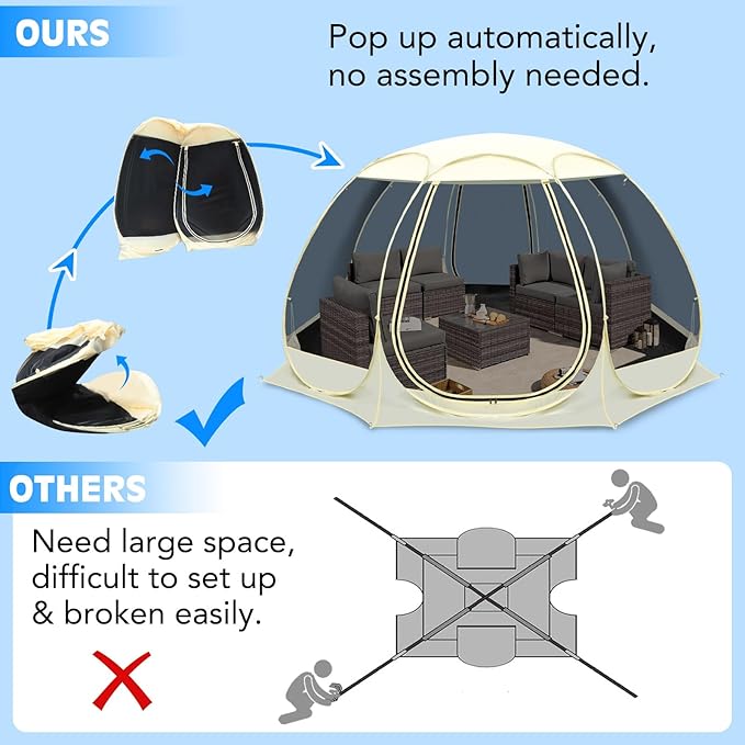 Eapele 12x12FT Pop Up Screen Room Sun Shade Shelter - Canopy Instant Screen House - 8 Sides Netting and 360-Degree Ventilation Screen Tent with Removable Floor Fits 8-10 People