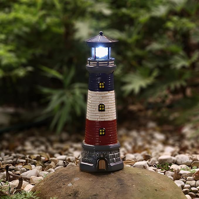Solar Lighthouse Garden Outdoor Statues Waterproof Lawn Lights Decor Automatic Rotating Solar Lights for Yard Patio Ground Tabletop Decoration Unique Housewarming Gifts - Black