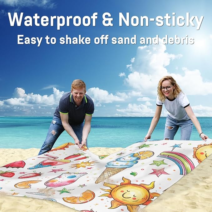 Waterproof Sandproof Beach Blanket 59''×68'' Freedom Ice Cream Polyester Outdoor Picnic Blanket with 4 Stakes &amp Storage Bag for BeachCampingVacation White Bottom