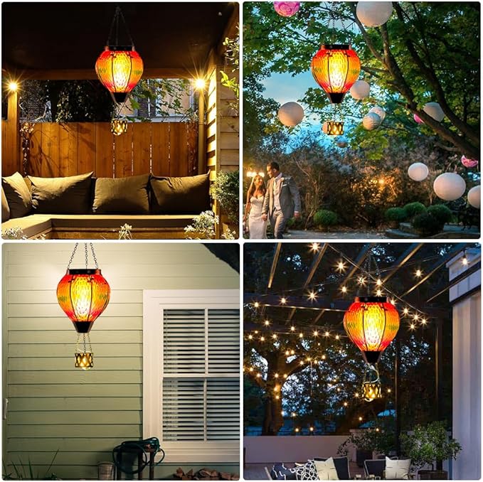 DREAMSOUL 2 PCS Solar Hot Air Balloon Lantern with Flame Glass Hanging Solar Lanterns Outdoor Waterproof for Lawn Patio Porch Decor