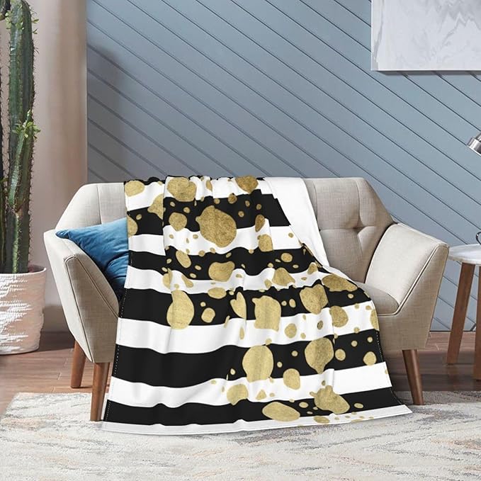 80X60 Faux Gold Paint Splatter On Black &amp White Stripes Lightweight Flannel Blanket - Soft and Breathable Polyester Suitable for Travel Camping and Home Decoration