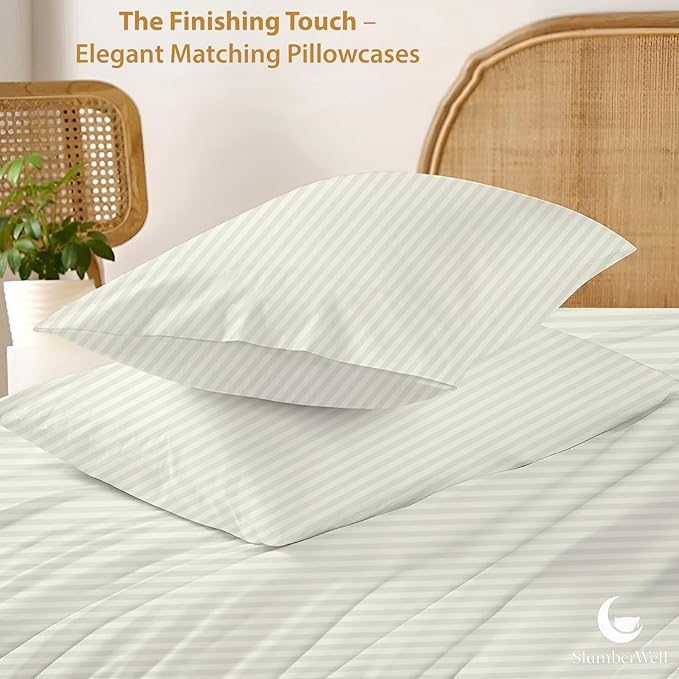 SlumberWell California King Sheet Set 4 Piece Luxury Soft Microfiber RV Camper Bedding 8 to 12 Inch Deep Pocket Sheets Fits 72x84 Mattress Ivory Stripe