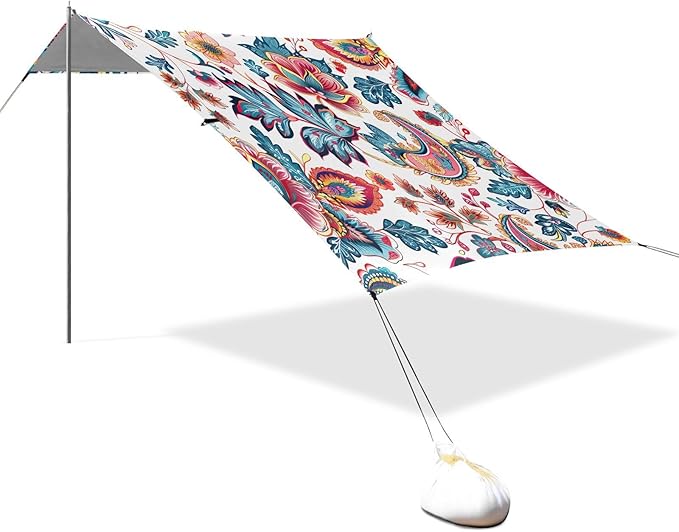 Colorful Paisley Pattern Beach Tent Sun Shelter 9.2' x 10.5' Beach Canopy with 4 Sandbags 4 Stability Poles Sand Shovels - Tent Canopy for Beach Camping Fishing Picnics