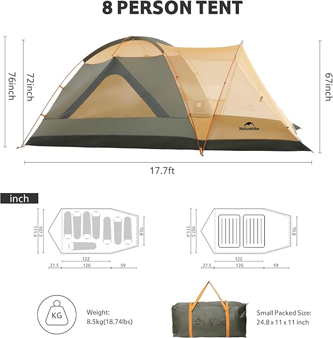 Naturehike KOTA 4/6/8 Person Camping Tent Double Layer Waterproof 4 Person 6 Person 8 Person Tents for Camping Large and Tall Family Tent with Vestibules Porch