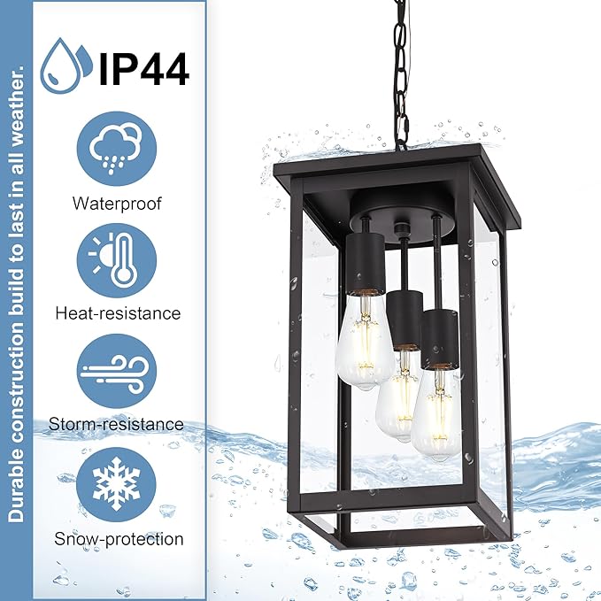 TODOLUZ 3-Light Large Outdoor Pendant Light Fixtures with Height Adjustable Porch Hanging Lighting E26 Bulb Base in Oil Rubbed Bronze Exterior Ceiling Lamp for Entrance Patio Garden