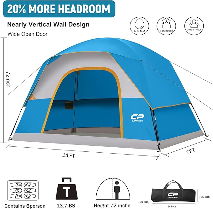 Tents for Camping 6 Person Tent Waterproof Windproof Double Layer Family Camping Tent Easy Setup Dome Tent with Large Mesh Windows &amp Wider Door for Outdoor Camping &amp Hiking