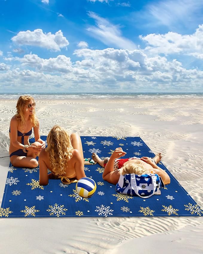 Beach Blanket Waterproof Sandproof OversizedChristmas Golden Winter Snowflake Blue Back Beach Mat with Corner Stakes Sand PocketsWhite Snowflakes Seamless Outdoor Picnic Mat for Travel 95x80In