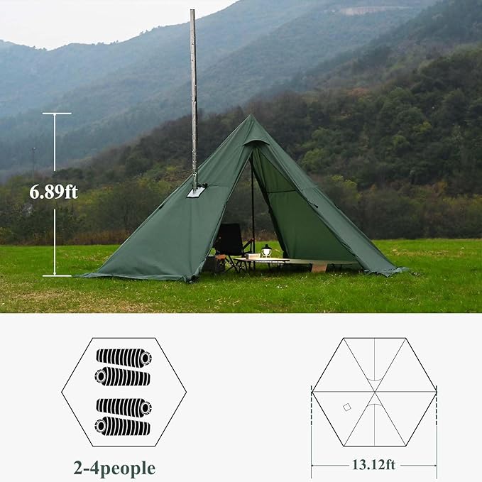 Hot Tent with Stove Jack and Snow Skirt 6.89~8.53ft Standing Room 2~5 Person Tipi Tent for Family Hiking Fishing Hunting Backpacking Camping