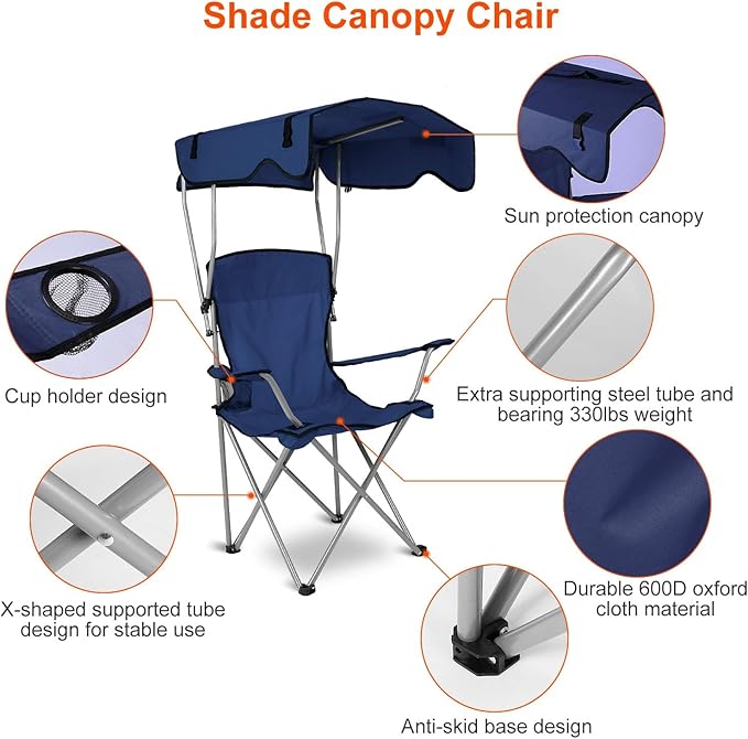 Foldable Beach Canopy Chair Camping Chair Fishing Camp Outdoor Lawn Chair Sun Protection 330LBS Load Folding Camping Canopy Shade Seat with Cup Holder For Beach Poolside Travel Picnic (NavyBlue)