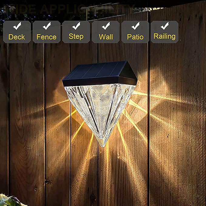Diamond Solar Garden Lights Outdoor Waterproof LED Solar Deck Lights Outdoor Patio Wall Decor for Fence Deck Step Wall Railing Patio Warm White 4Pack