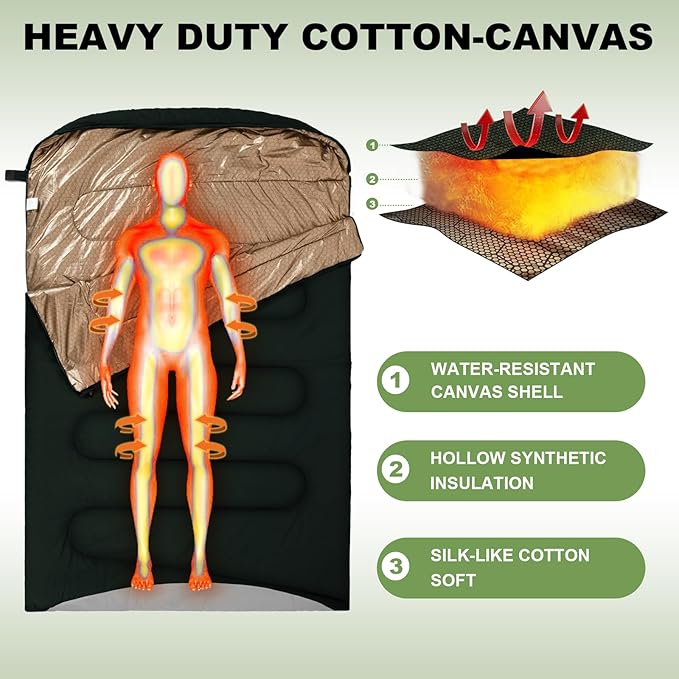 Double Sleeping Bag for Adults Cold Weather 0 Degrees Heavy Duty Two Person Sleeping Bag for Camping Cotton Canvas YKK Zipper Portable