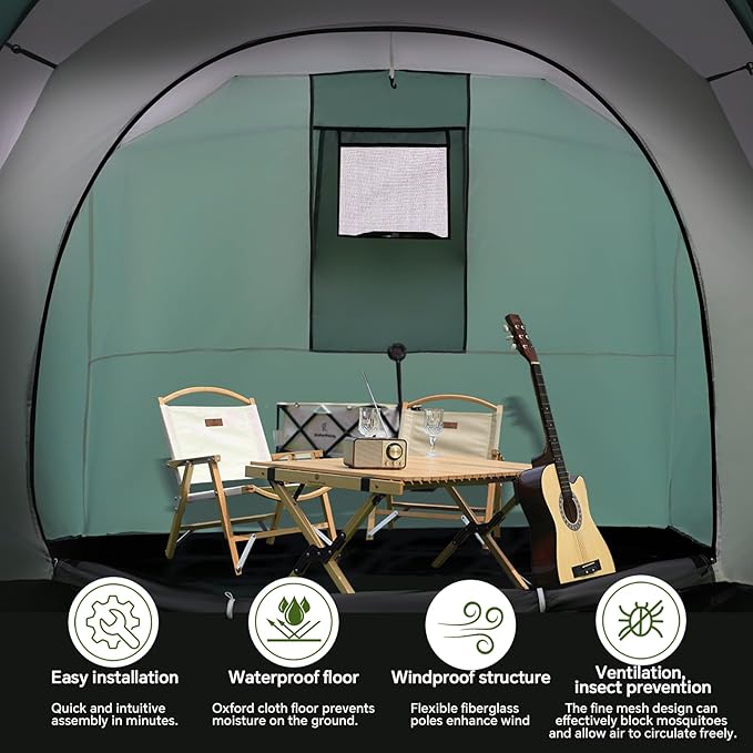 2-4 Person Family Camping Tent with Porch Weatherproof Camping Shelter with Rainfly 2 Room Easy Set Up Family Tent with Living Area for Outdoor Backyard Hiking