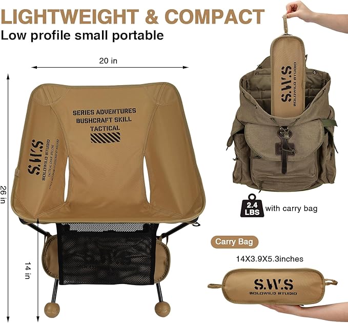 Camping Chair/Pocket Chair 2.4 LBS Portable Foldable Compact with Aluminum Alloy &amp Seat Pocket for Outdoor Camp Travel Beach Picnic Festival Supports 330LBS (Khaki)