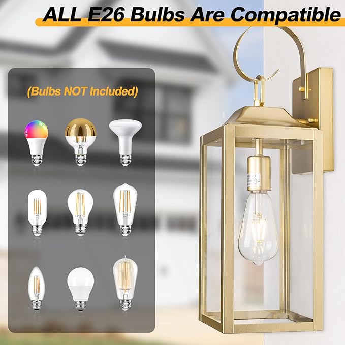 Large Outdoor Wall Lantern 19 Gold Outside Farmhouse Wall Sconce Light Fixture Industrial Wall Mount Light with Glass Waterproof Modern Porch Lighting Exterior Lamp for House Garage