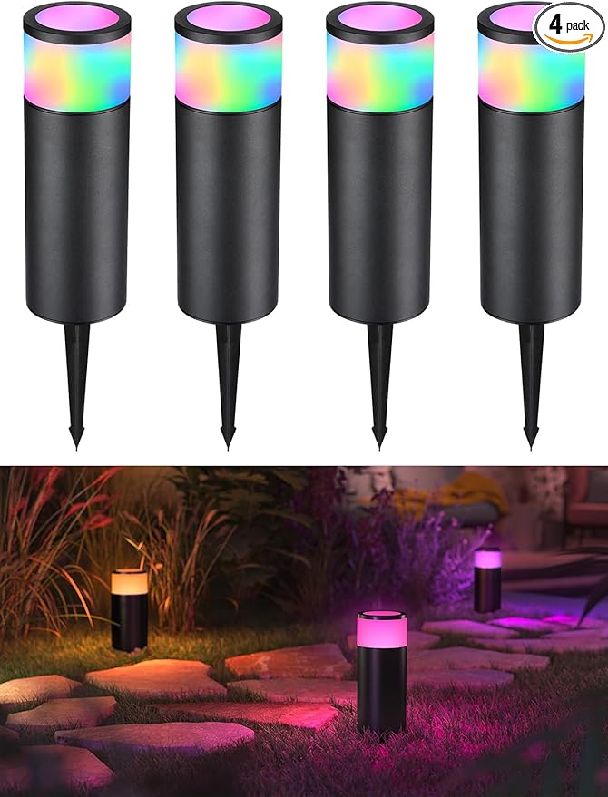 LEONLITE RGB Low Voltage Path Lighting 4.5W LED Landscape Bollard Pathway Light Landscape Lights Outdoor for Yard 7 Color Change Die-Cast Aluminum IP65 Waterproof Pack of 4